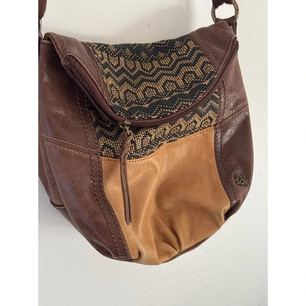 Vintage Y2K‎ The Sak Leather Crossbody Purse Brown Patchwork Boho Woven